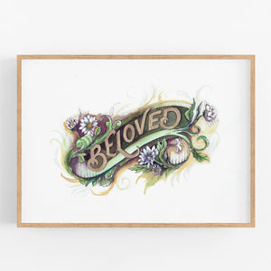 "Beloved" Colour Giclee Print with hand applied gold accent - A4 handlettering