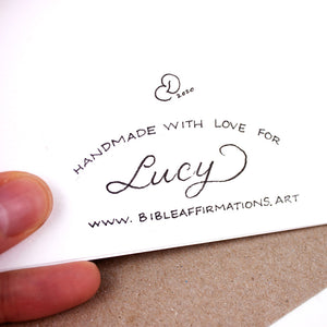Back of handmade card with handwritten inscription "Handmade with love for Lucy www.bibleaffirmations.art" and artist's signature 2020
